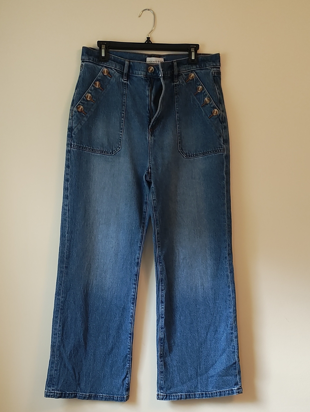 LOFT High Rise Wide Leg Blue Denim Jeans with Button-Trim Pockets